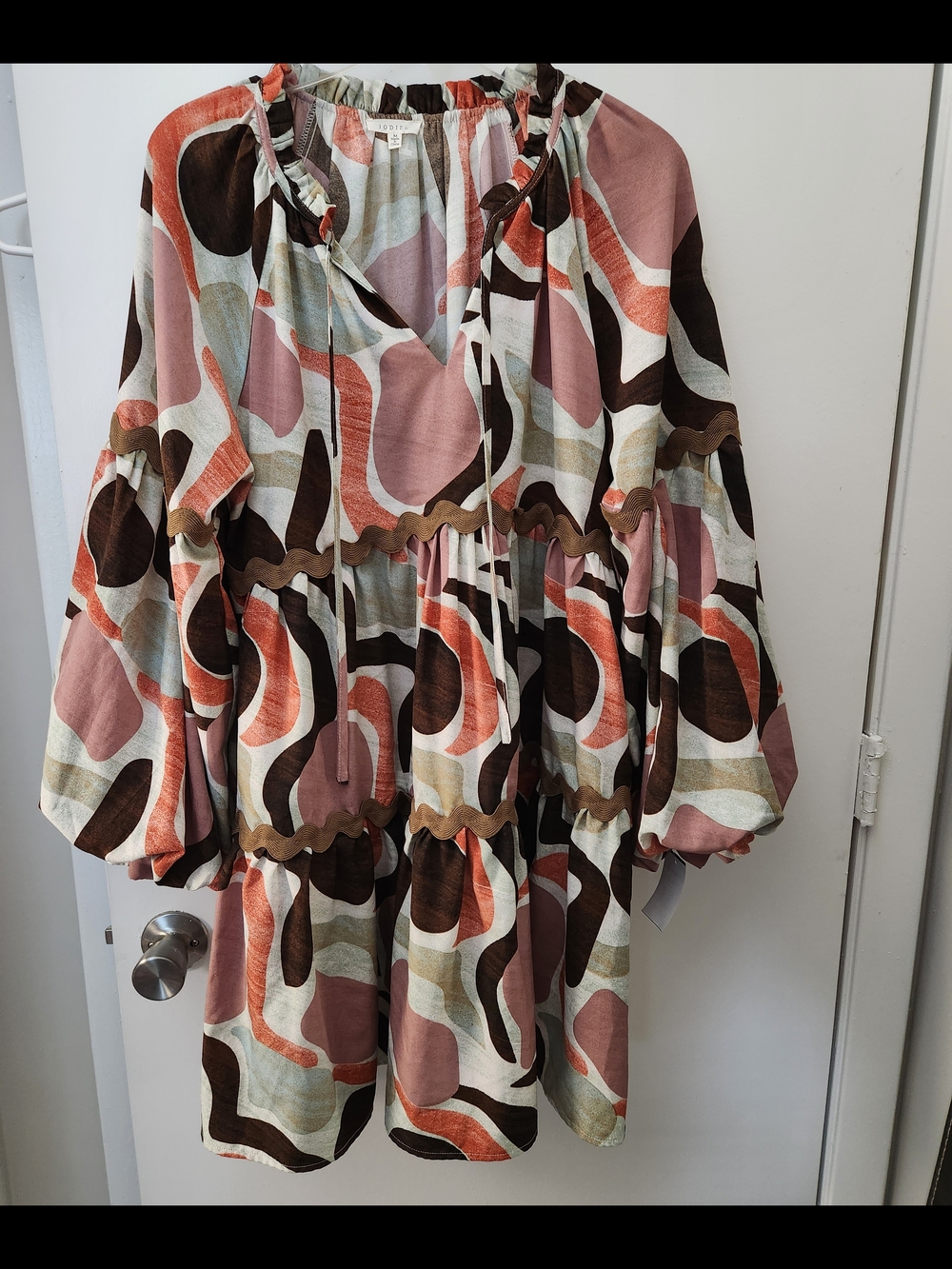 JODIFL Abstract Tiered Mini Dress in Orange, Brown & Cream